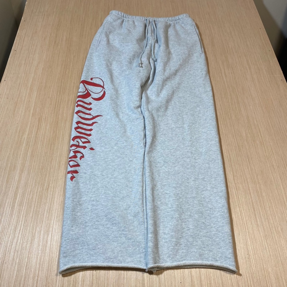Budweiser Mens Heather Grey Wide Leg Graphic Sweatpants Raw Hem Small